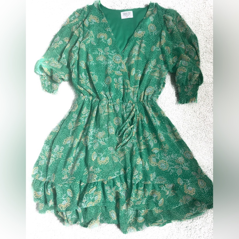 Green Floral Wrap Dress yellow XS Easter spring sienna sky white Junior